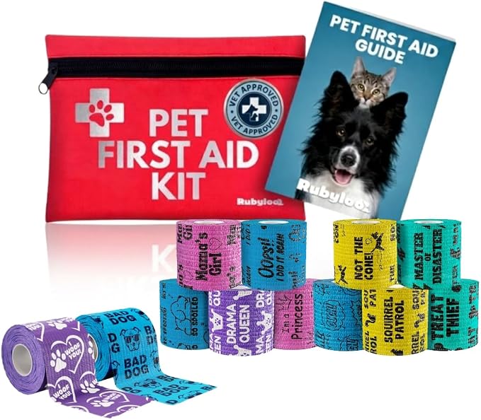 Rubyloo Vet Approved Travel Pet First Aid Kit Supplies to Treat Dogs & Cats in an Emergency with 12 Pack of 2 Funny Vet Wrap Bandages for Hiking, Camping & Backpacking