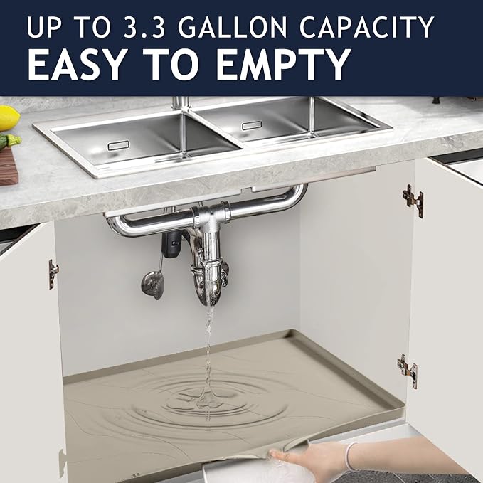 Heavy Duty Silicone Under Sink Mats for Kitchen Waterproof 22" x 22", Extra Thick Under Sink Rubber Mat Drip Tray, Raised Edge Under Sink Liner,Prevent Drips, Leaks, Spills,Brown
