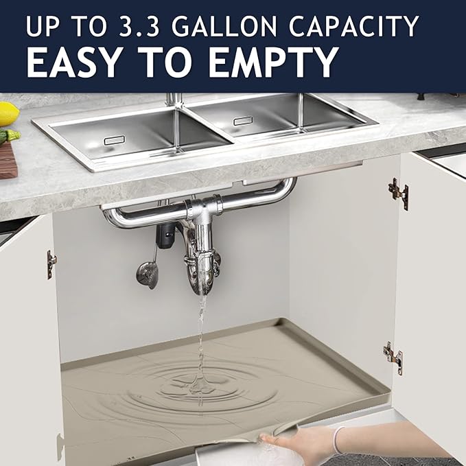 Heavy Duty Silicone Under Sink Mats for Kitchen Waterproof 25" x 22", Extra Thick Under Sink Rubber Mat Drip Tray, Raised Edge Under Sink Liner,Prevent Drips, Leaks, Spills,Brown