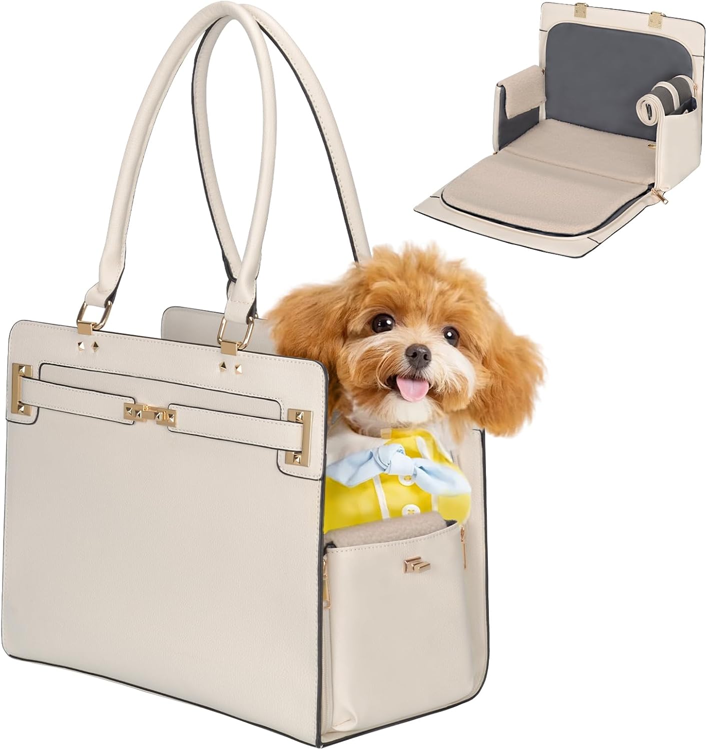 2-in-1 Stylish Dog Purse Carrier Soft-Sided Carriers Travel Tote Bag for Small Dogs Cats, Fashion Foldable Pet Bag for Puppies Small Animals with Pockets (White, 15" L x 7.5" W x 12.2" H)