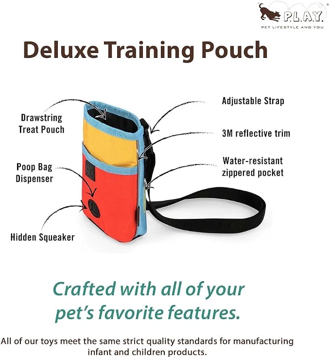 P.L.A.Y. Scout & About Deluxe Training Treat Pouch with Poop Bag Dispenser - 3 Way Wear, Detachable & Adjustable Strap, Reflective Strips, Water-Resistant Back Zipper Pocket, Squeaker (River)