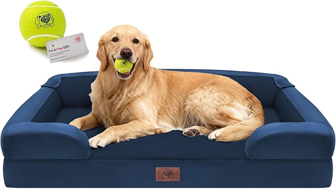 Orthopedic Memory Foam Dog Bed, 42x30, Waterproof for Large Dogs | Removable, washable cover • Waterproof memory foam liner • Bolstered couch design for joint relief • Includes tennis ball toy
