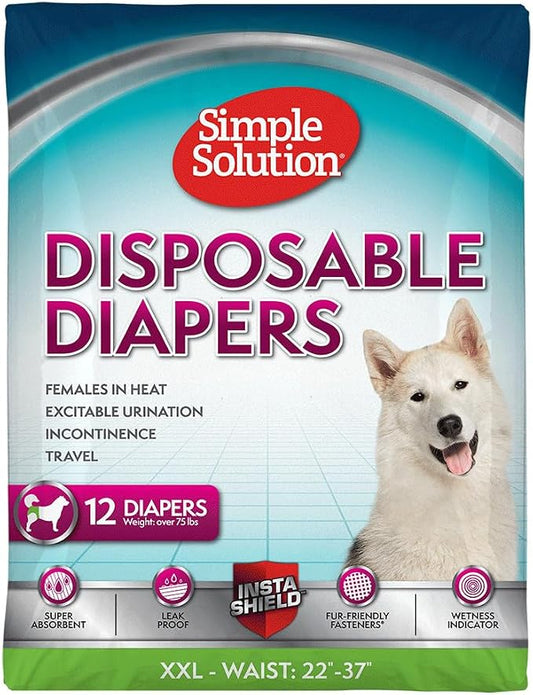 Simple Solution Disposable Female Dog Diapers, Absorbent Leak Proof Protection for Incontinence, Puppy Training, Heat Cycle, Travel, and Housebreaking, XXL Dogs, 22–37 Inch Waist, 12 Count
