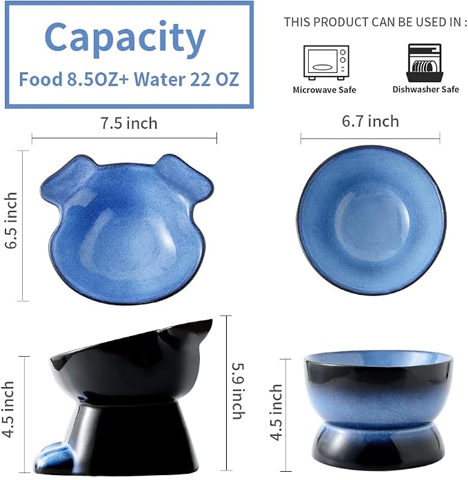 Nihow Dog Food & Water Bowl Set: Elevated Ceramic Dog Bowls for Medium/Small Size- Food Safe Raised Puppy Bowls - Vivid Blue Pet Bowl for Protecting Pet's Spine (Set of 2)