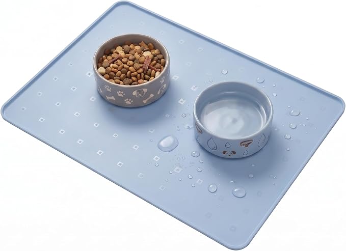 Silicone Pet Feeding Mat, 26x18 Inch Waterproof Dog Bowl Mat – Non-Slip, Machine Washable, Thin 0.28 Inch Edge for Messy Eaters, Protects Hardwood & Tile Floors, Blue