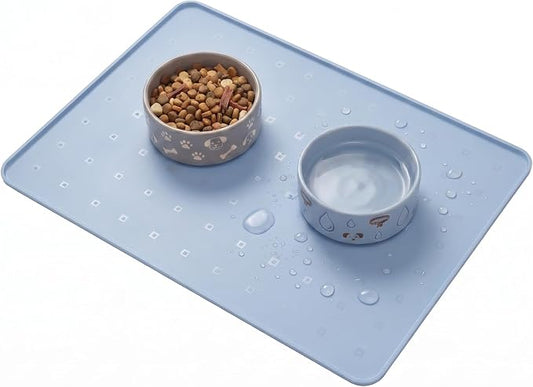 Silicone Pet Feeding Mat, 26x18 Inch Waterproof Dog Bowl Mat – Non-Slip, Machine Washable, Thin 0.28 Inch Edge for Messy Eaters, Protects Hardwood & Tile Floors, Blue