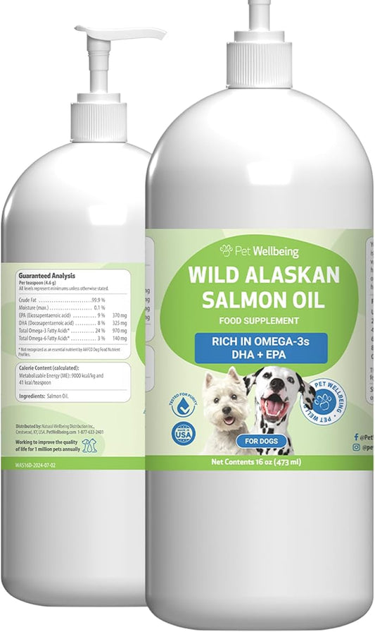 Pet Wellbeing Wild Alaskan Salmon Oil for Dogs - Omega 3 Fish Oil with EPA & DHA, Skin, Coat, Joint & Heart Health - NASC Certified & Vet Formulated - 16 oz Pump Bottle