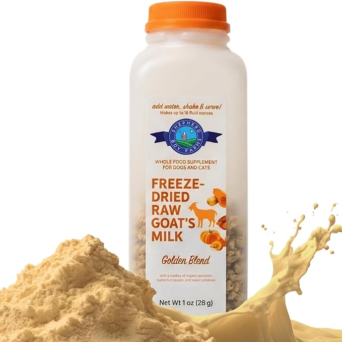 Shepherd Boy Farms Freeze Dried Raw Goats Milk with Probiotics for Dogs & Cats (Golden Blend), Organic USA Veggies & Fruits, High Protein, Digestible Goat Milk Powder, Food Toppers - Makes 16 FL OZ