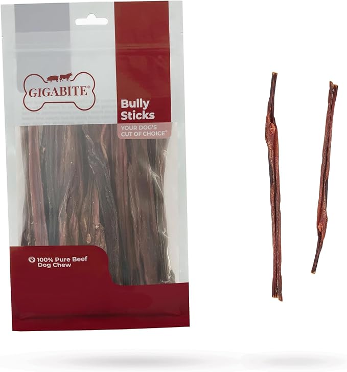 GigaBite Bully Sticks for Dogs All Natural Beef Pizzle Dog Chews, Odor & Rawhide Free Dog Treats, Long Lasting High Protein Chews Digestible Dental Dog Treat - Sticks (Slim 6"), Pack of 25