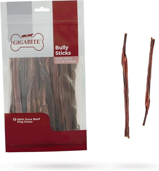 GigaBite Bully Sticks for Dogs All Natural Beef Pizzle Dog Chews, Odor & Rawhide Free Dog Treats, Long Lasting High Protein Chews Digestible Dental Dog Treat - Sticks (Slim 6"), Pack of 25