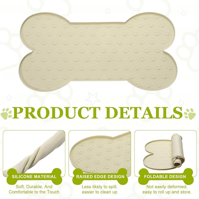 Dog Food Mat, 20x10 Inch Silicone Pet Feeding Mat Non-Slip Bone Shaped Waterproof Dog Water Bowl Tray Raised Edge Protects Floors (Apricot), Intended for Pets Bowl/Fountain