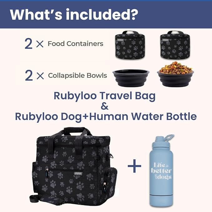 Rubyloo Original Doggy Bag (Paw Print) & 32oz Insulated Water Bottle with Attached 8oz Bowl (Life is Better with Dogs) – Dog Travel Bag & Hydration Set