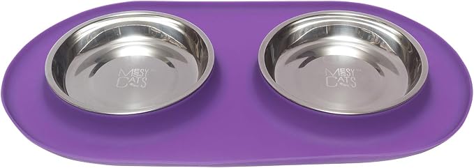 Messy Cats Double Silicone Feeder with Stainless Saucer Shaped Bowl | Anti-Slip Non-Skid Cat Food Bowls | Two Cat Bowls in Feeding/Water Station | 1.75 Cups per Bowl (Purple)
