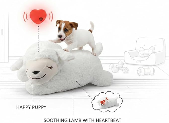 3T GROUP Dog Heartbeat Toy for Puppy Essentials Heartbeat Stuffed Animal Toy for Dogs Behavioral Training Comfort Plush Pillow Calming Aid Anxiety Relief White Sheep(White)