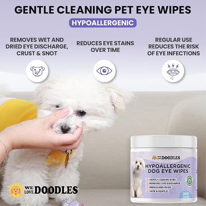 We Love Doodles Dog Eye Wipes & Dog Slicker Brush - Pre-Soaked Eye Wipes for Dogs, Tear Stain Remover for Dogs, Pet Eye Wipes, Long Pin Brush for Dematting, Dog Brush for Grooming Pet Hair