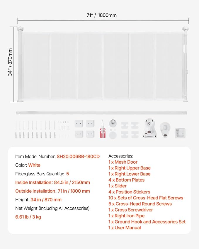 VEVOR Retractable Baby Gate, 34 inch Tall, Extends up to 71 inch Wide, Retractable Gate for Kids or Pets, Mesh Material, Easy to Install for Indoor Stairs, Doorways, Hallways, Playrooms, White