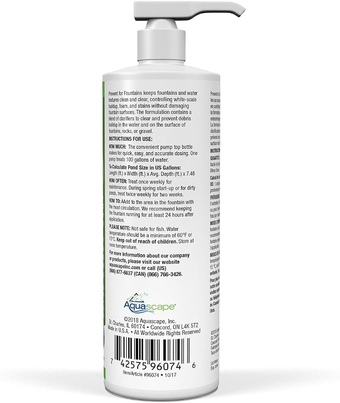 Aquascape Prevent Water Treatment for Fountains, Waterfalls, Rock and Gravel, Prevent White-Scale Buildup, Stains, Foam and Other Unsightly Water Conditions | 4 (16-Ounces)