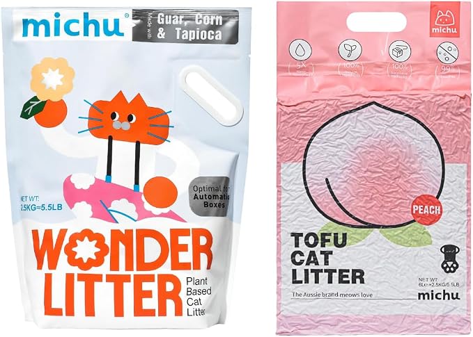 Michu Tofu Cat Litter Natural Clumping Tofu Cat Litter 5.5lb/88oz 5 Scents (Peach + Wonder Litter, 2 Pack)
