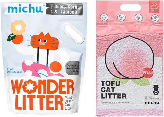 Michu Tofu Cat Litter Natural Clumping Tofu Cat Litter 5.5lb/88oz 5 Scents (Peach + Wonder Litter, 2 Pack)