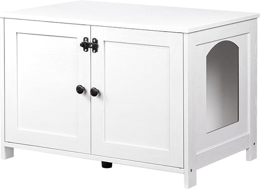 HOOBRO Litter Box Enclosure, Cat Litter Box Furniture with Removable Divider, Large Hidden Litter Box Furniture, Wooden Cat House, End Side Table, 31" L x 17.5" W x 19.7" H, White WT03MW01G2