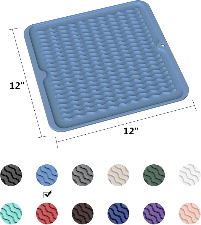 ZLR 4-in-1 Silicone Mat 12" x 12" / 305 x 306mm Square - Dish Drying Mat, Air Fryer Mat, Coffee Maker Pad & Heat Resistant Trivet (up to 450°F) - Non-Slip Food-Grade BPA-Free (Lichen Blue)