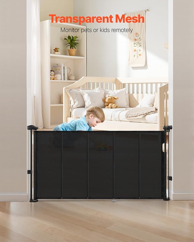 VEVOR Retractable Baby Gate, 34 inch Tall, Extends up to 55 inch Wide, Retractable Gate for Kids or Pets, Mesh Material, Easy to Install for Indoor Stairs, Doorways, Hallways, Playrooms, Black
