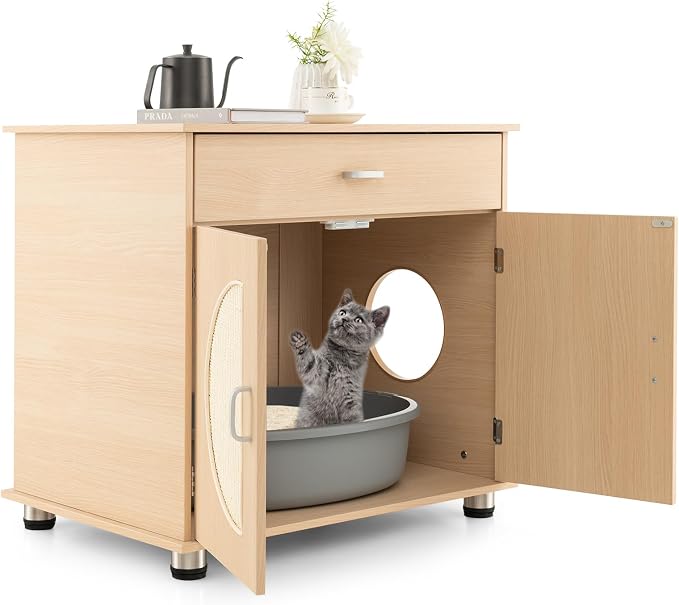 PETSITE Cat Litter Box Enclosure, Hidden Litter Box Furniture with Drawer and Adjustable Metal Feet, Wooden Pet House Side End Table, Indoor Litter Box Cabinet with Sisal Scratching Board Doors
