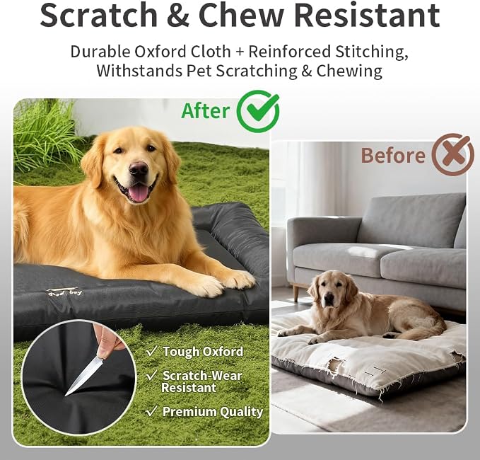 SOMAHE Large Dog Bed with Removable Washable Cover - Orthopedic XL Dog Crate Pad, Waterproof Oxford Fabric, Non-Slip Bolster Bed for Large Dogs, 42x28 Inch, Black