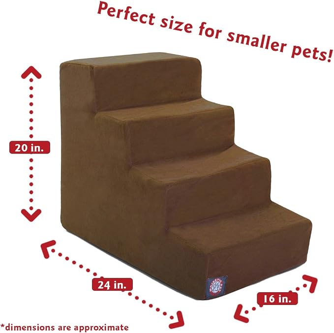 Majestic Pet 4 Step Portable Dog Stairs for Small Dogs to get on Bed Supports 250 lbs or Less – Dog Steps for High Bed with Machine Washable Cover –Pet Stairs for Cats Suede Chocolate