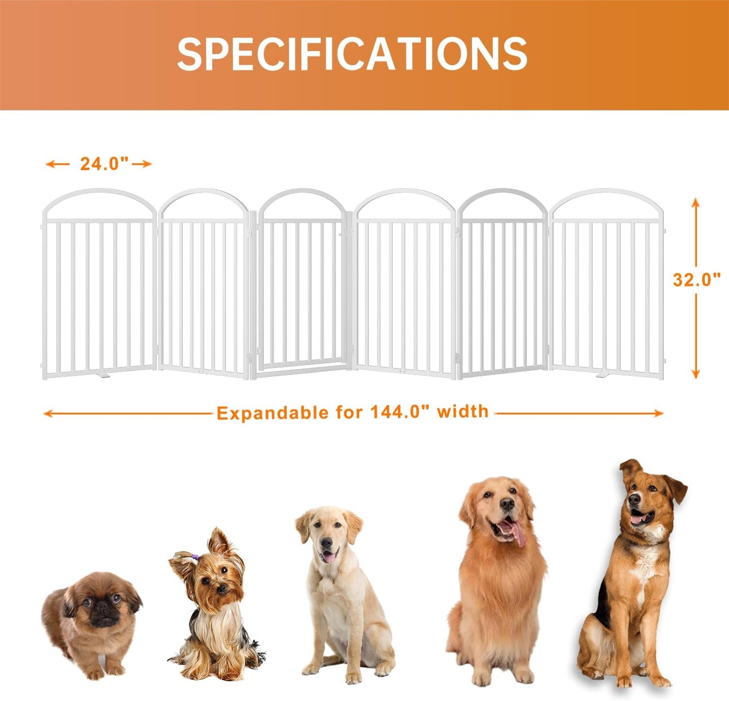 6 Panles Full Matel Freestanding Dog Gates with Door, 144"Extra Wide 32"Tall Free Standing Dog Pet Gate for Indoor & Outdoor. Foldable Pet Fences for Doorways, House, Stairs, Porch, Deck, Yard