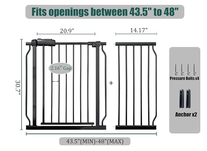 Extra Wide Baby Gate 43.5-48" Walk-Through Dog Gate for Stairs, Doorways & Hallways, 30" Tall, Auto-Close & Dual-Swing Safety Child Gate Indoor, Easy Install Pressure-Mounted Pet Gate, Black