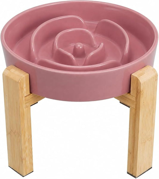 Elevated Slow Feeder Dog Bowl Large Breed, 8.8 Inch Ceramic Slow Eating Bowl with Bamboo Stand, Anti-Choking Raised Maze Design for Medium to Large Dogs, 3.2 Cup, Pink