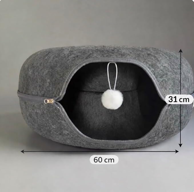 Cat Cave Tunnel Bed - Comfort Bedz Large Donut Cat House, Enclosed Felt Hideaway with Zipper, Top Perch, Interactive Toy, Washable for Indoor Cats up to 25lbs