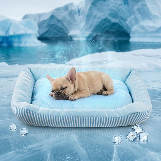 Cooling Dog Bed for Large Medium Small Dogs, Breathable Dog Cooling Mat with Self Cooling Ice Silk Fabric, Washable Summer Pet Bed for Indoor Outdoor, Blue Small