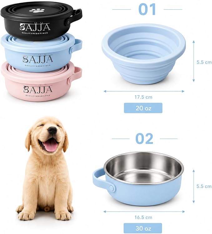 Blue Slow Feeder Travel Dog Bowl Set – 30oz Stainless Steel + 20oz Collapsible Silicone Dish + Silicone Slow Feeder Insert | Water Bottle Holder | Non-Slip, Anti-Choking, BPA-Free – Claim