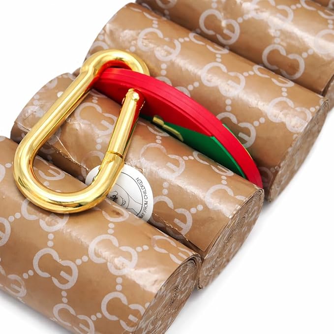 Everything Chic Designer Luxury Dog Poop Bags & Silicone Used Waste Bag Holder Set – Leak Proof Thick Durable Dog Waste Bags Refill Rolls, Easy-Tear Pet Waste Pickup Bags (GucchewiWasteBags, 240 Bags)