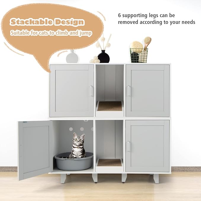Tangkula Double Cat Litter Box Enclosure for 2 Cats, Large Stackable Hidden Privacy Cat Washroom Cabinet with Scratching Board, Indoor Cat House TV Stand Side Table, Litter Box Furniture (Grey)