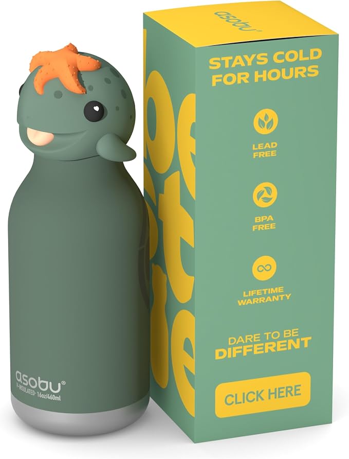 Asobu Bestie Bottle Limited Edition Collectible Kids Water Bottle with Animal Character Lid 16oz (460ml) Insulated Stainless Steel, Leakproof, Reusable with Straw Fun Gift for Girls & Boys