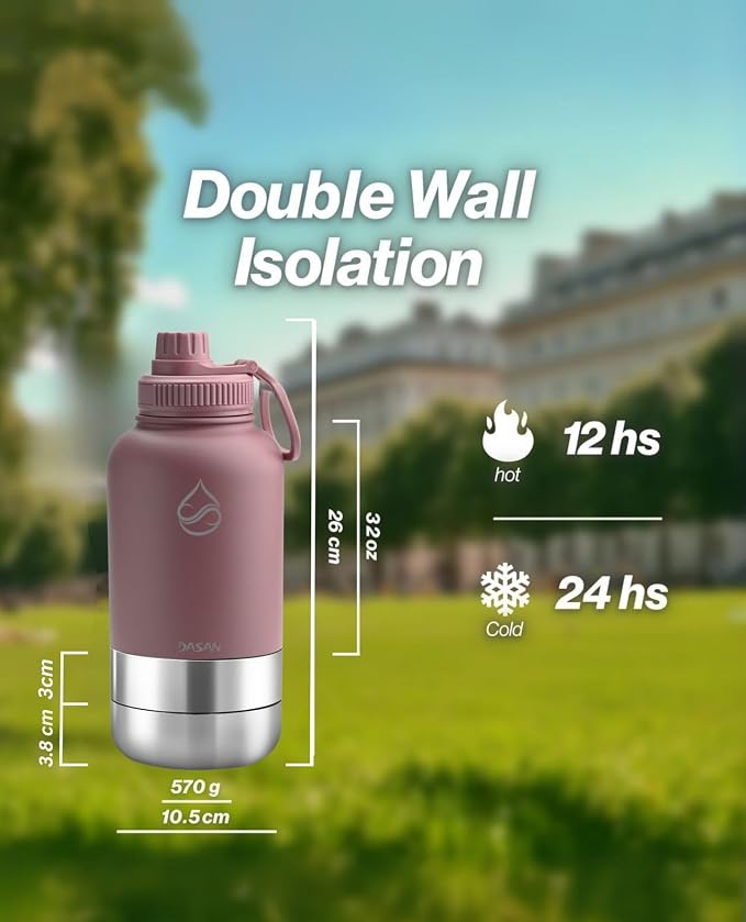 DASAN 32oz Gym Water Bottle with Phone Holder - Insulated Stainless Steel Magnetic Tripod, MagSafe Compatible, 2 Storage Bowls for Protein Powder, Vitamins & Dog Walks