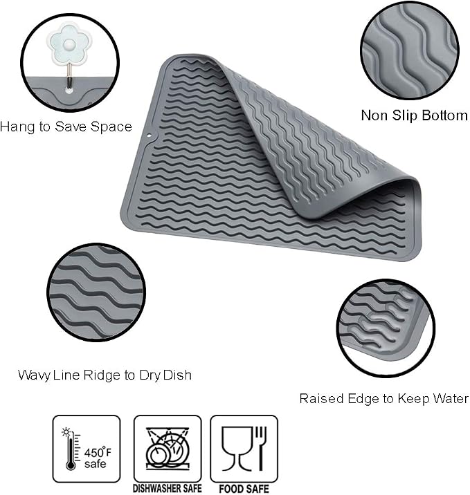 ZLR 2 Pcs Silicone Dish Drying Mat for Kitchen Counter (12" x 16" / 307 x 405mm) - Large Fast-Dry Drainer Mat with Raised Wavy Ridges & 5mm Lip - Non-Slip, Heat Resistant 450°F, BPA-Free (Dark Gray)