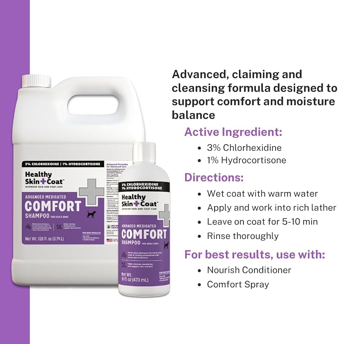 Advanced Medicated Comfort Dog Shampoo, 1 Gallon - 3% Chlorhexidine, 1% Hydrocortisone, Delivers Fast Itch Relief, Supports Skin and Coat Health, Made in The USA