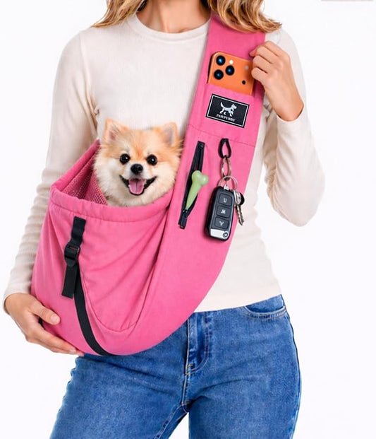 Pet Sling Carrier for Small Dogs and Cats 5-20lbs, Dog Sling with Adjustable Depth, Breathable Air Mesh Puppy Travel Bag, Water Resistant Fabric, Double Safety Leash, Machine Washable,Fuchsia