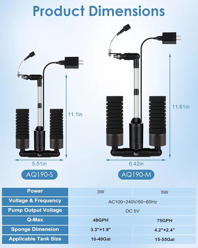 AQQA USB Electric Sponge Filter for Aquarium, No Air Pump Needed Submersible Fish Tank Filter with Bio Ceramic Media & 110V Adapter, Quiet 360° Rotatable Outflow for Betta Shrimp Fry Breeding Tank