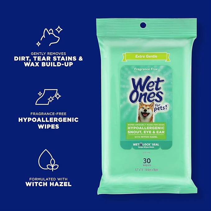 Wet Ones for Pets Extra Gentle Dog Wipes with Witch Hazel - Fragrance-Free, Hypoallergenic Pet Grooming Wipes for Snout, Eye, and Ear Areas, Sensitive Skin, 30 Count - 2 Pack