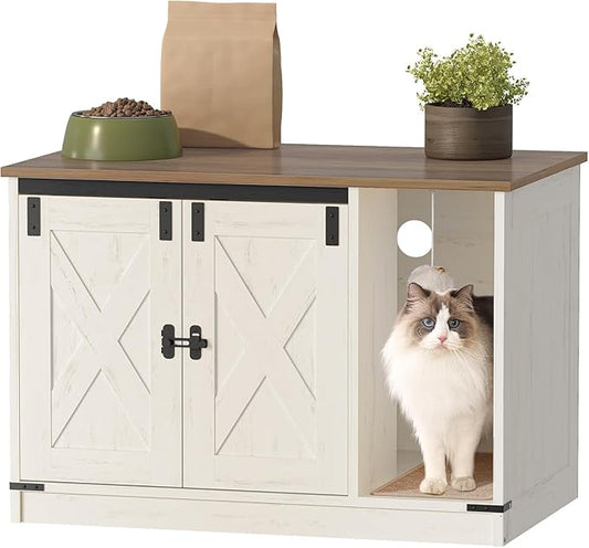 Hzuaneri Cat Litter Box Enclosure, Hidden Litter Box Cabinet Furniture with Bell, Indoor Cats House, Farmhouse Style, 31.5 x 19.7 x 20.9Inches, for Hallway, Bedroom, Rustic Brown and White CB82414X