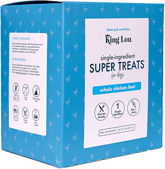 King Lou Pets Whole Chicken Feet for Dogs, Single-Ingredient USA-Made Dehydrated Chicken Treats, Human-Grade Crunchy Dental Chews for Dogs Hip & Joint Support, 40 Count