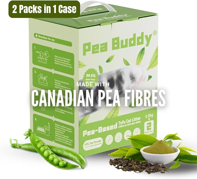 Pea Based Pea Buddy The 10% Blend Tofu Cat Litter, Dust Free, Low Tracking, and Natural Odor Control, Flushable, Natural Ingredients (2 Bags, Tea Powder)