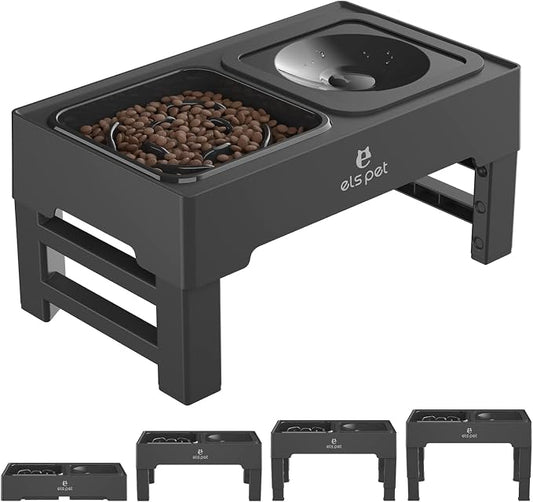 ELS PET Elevated Dog Bowls, Adjustable Raised Dog Bowls with No Spill Dog Water Bowl and Slow Feeder, Sturdy Non-Tip, Joint-Friendly Stand for Small Medium Large Dogs, Cats & Pets, Removable Bowls