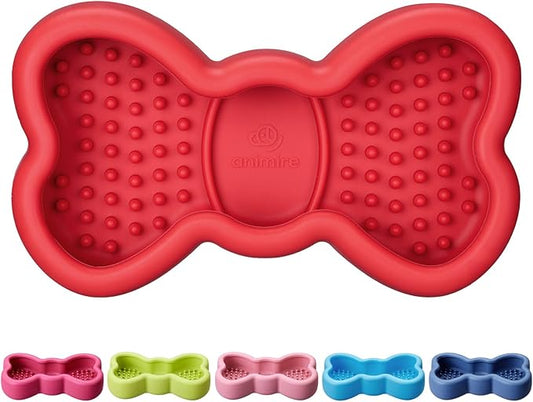 Lick Mat for Dogs, Animire Anti-Spilled Bow Tie Lick Bowls for Anxiety Relief, Silicone Slow Feeder Licking Pad with Suction Cups, Freezeable Dog Enrichment Toy for Boredom and Distraction(Red,S)