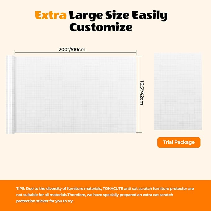 200" x 16.5" Anti Cat Scratch Furniture Protector, Single-Sided Sticky Couch Protector from Cats Claws, Couch Corner Guard Under Pet Claws, Thicken Viny Flexible Scratch Deterrent Tape